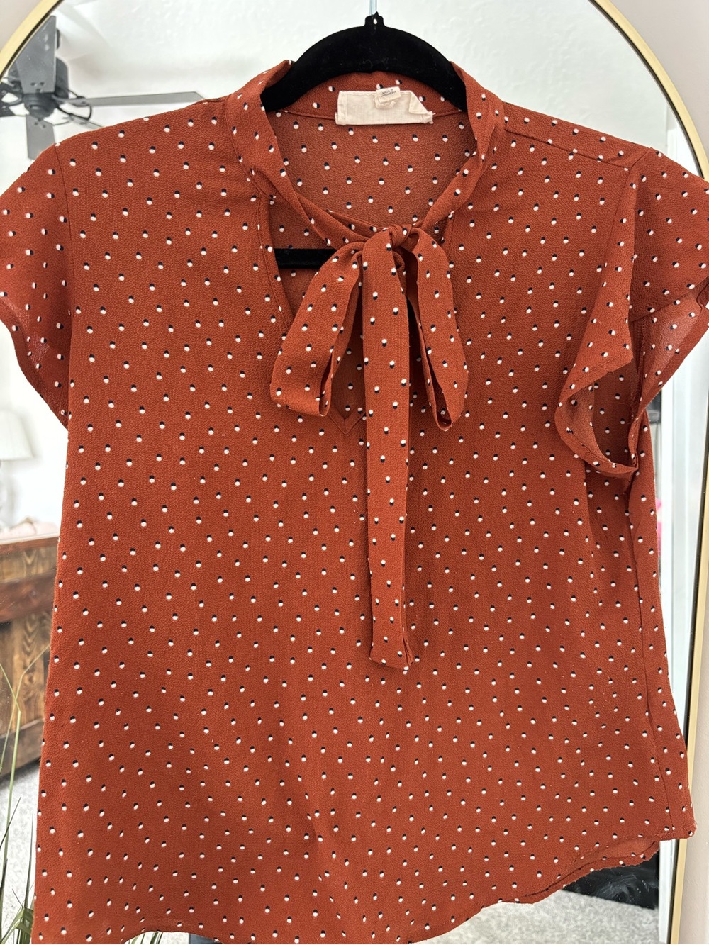 Sweet Wanderer Rust Polka Dot Tie-Neck Blouse
